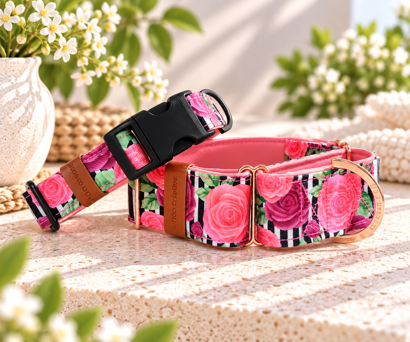 Rose Stripe Martingale Dog Collar β Floral Design with Soft Pink Padding