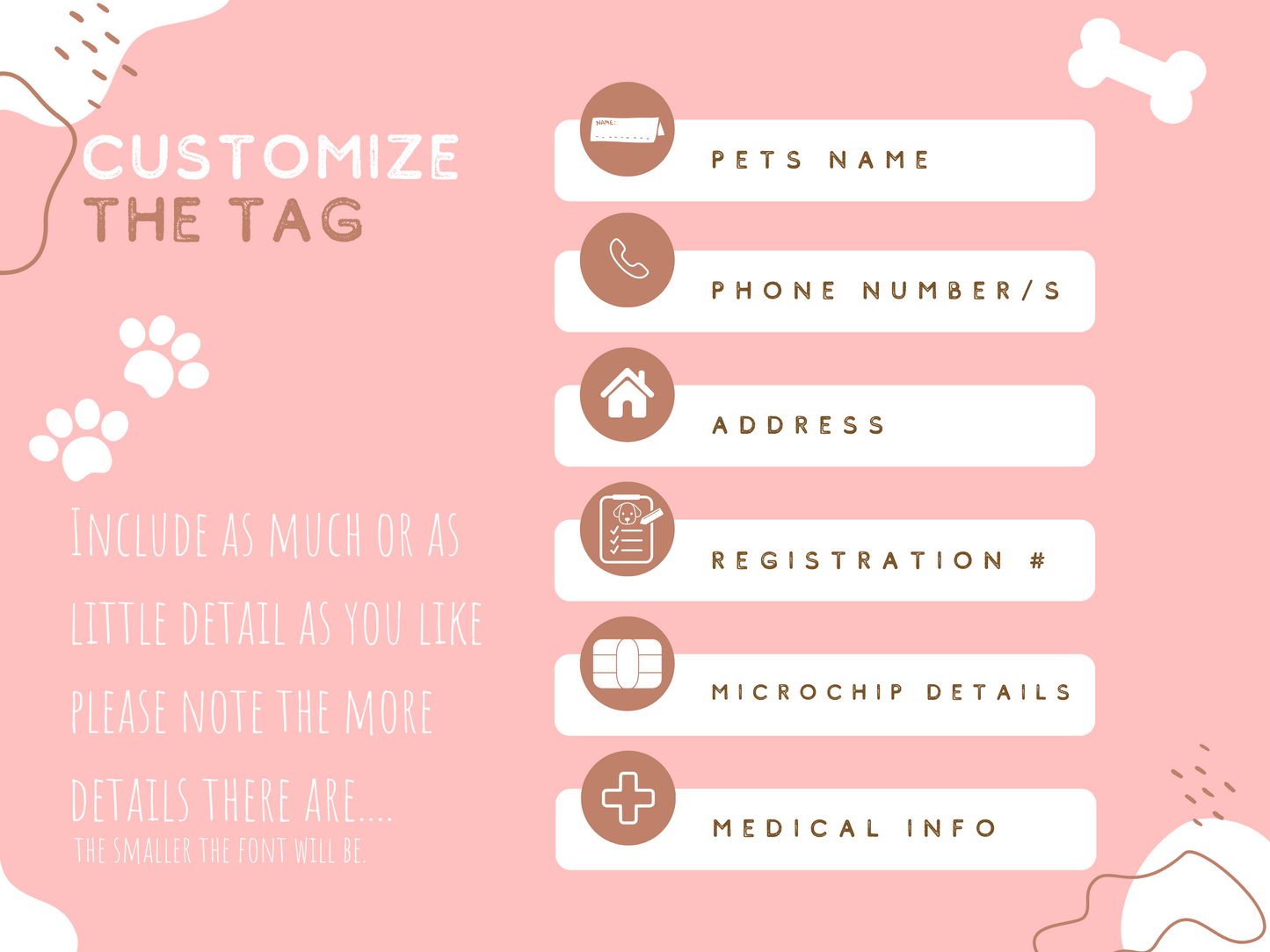 a pink poster with a dog's name and other information