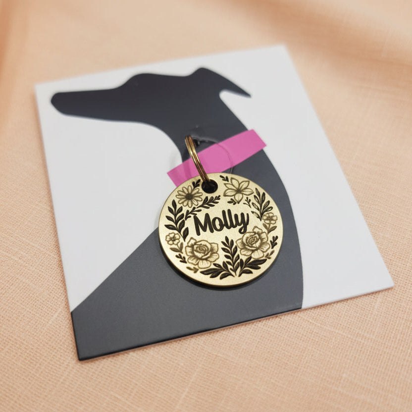 Solid brass dog name tag with flower engraving
