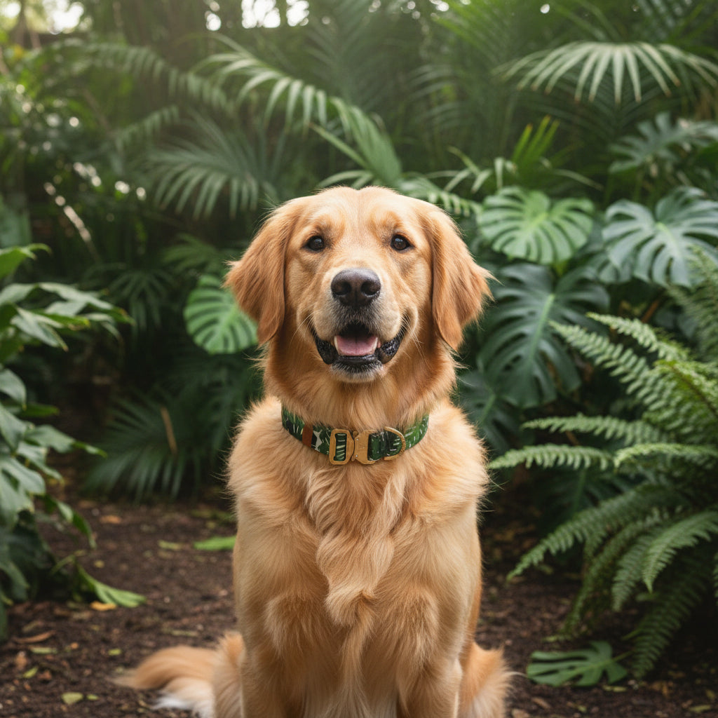 Monstera Leaf Dog Collar with Neoprene Padding & Tactical Buckle – Optional personalised Name