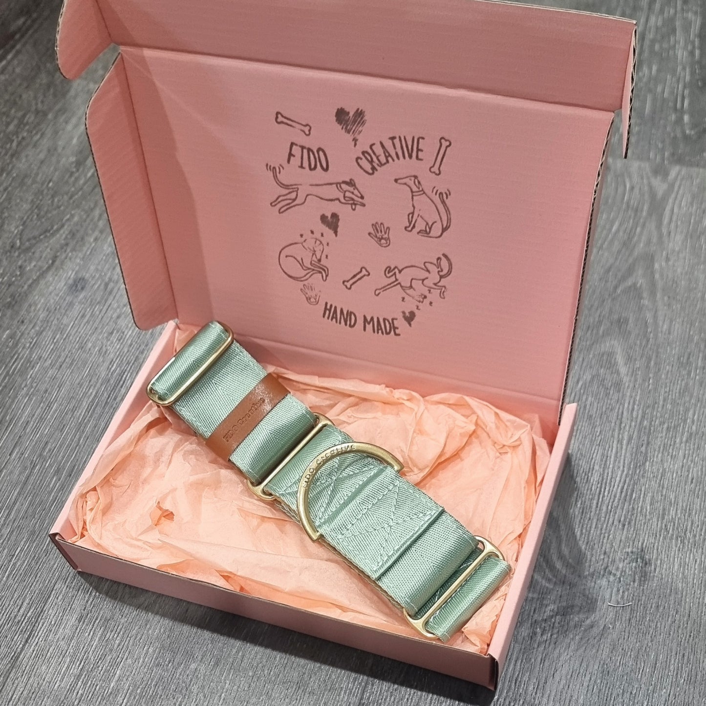 Sage Green Martingale Dog Collar – Padded, personalised with Dog’s Name Optional