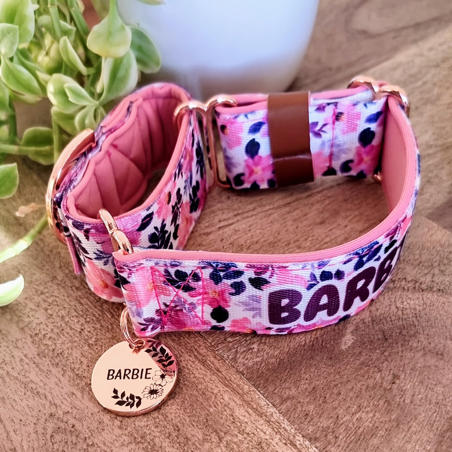 Personalised floral martingale dog collar with name 