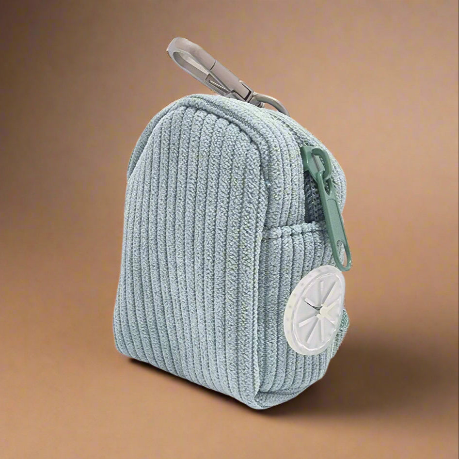 Sage Green Corduroy Mini Backpack Poop Bag Holder – Cute, Clip-On & Ready to Roll